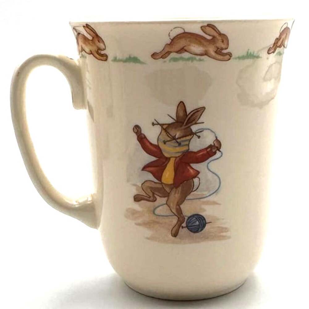 Vintage 1980s Royal Doulton Bunnykins Fine Bone China Unravelling Knitting Mug